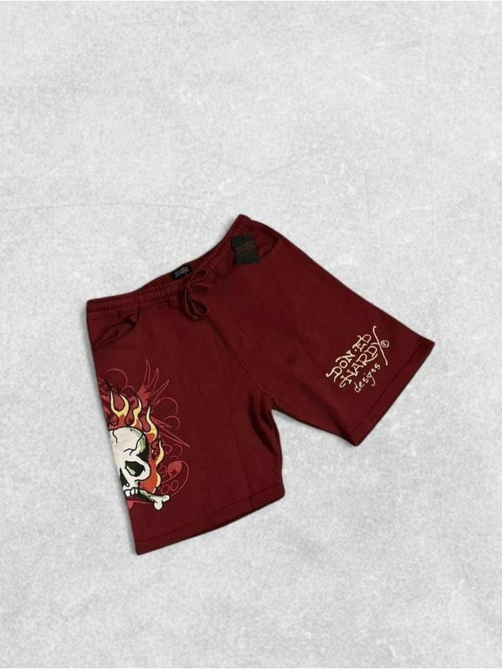 Ed Hardy Men's Maroon Athletic Shorts with Skull Flame Graphic